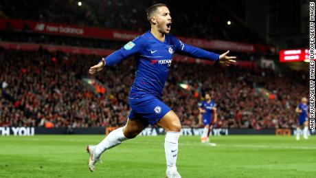 Eden Hazard celebrates after scoring his wonder goal against Liverpool in the League Cup. 