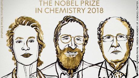 An illustration of the 2018 Nobel Prize in Chemistry laureates.
