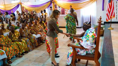 First lady Melania Trump shakes hands with Osabarimba Kwesi Atta II, the chieftain of the Cape Coast Fante, during a cultural ceremony at the Emintsimadze Palace in Cape Coast, Ghana, Wednesday, Oct. 3, 2018. (AP Photo/Carolyn Kaster)