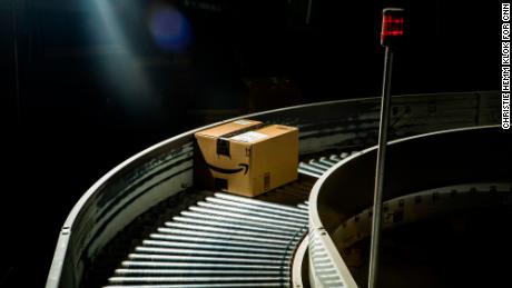 Ready for shipment. A package runs down the conveyer belt in a Kent, Washington, fulfillment center.