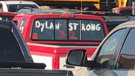 A truck at Dylan's funeral Thursday bears his jersey number.