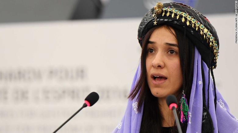 Nadia Murad , public advocates for the Yazidi community in Iraq and survivors of sexual enslavement by the Islamic State jihadists delivers a speech after being awarded co-laureate of  the 2016 Sakharov human rights prize, on December 13, 2016 at the European parliament in Strasbourg.   / AFP / FREDERICK FLORIN        (Photo credit should read FREDERICK FLORIN/AFP/Getty Images)