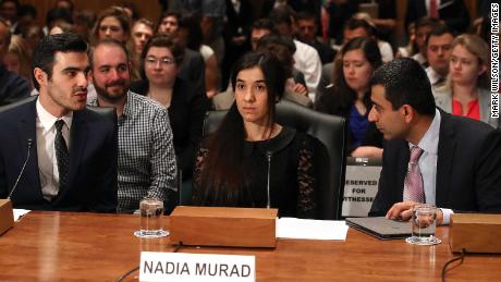 Future Nobel Peace Prize winner Nadia Murad testifies during a June 2016 US Senate hearing. 