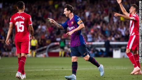 Lionel Messi celebrates after scoring for Barcelona against Girona in December. The reverse fixture is slated to be in Miami.