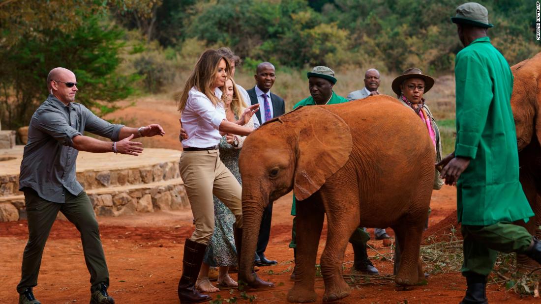 &lt;a href=&quot;https://www.cnn.com/videos/world/2018/10/05/melania-elephant-africa-sot-vpx.hln&quot; target=&quot;_blank&quot;&gt;A baby elephant bumps into first lady Melania Trump&lt;/a&gt; as she visits the David Sheldrick Wildlife Trust&#39;s orphan elephant rescue at Nairobi National Park.