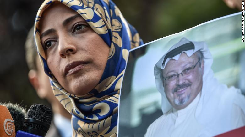 Yemeni Nobel Peace Prize laureate Yemeni Tawakkol Karman holds a picture of missing journalist Jamal Khashoggi during a demonstration in front of the Saudi Arabian consulate in Istanbul last Friday.