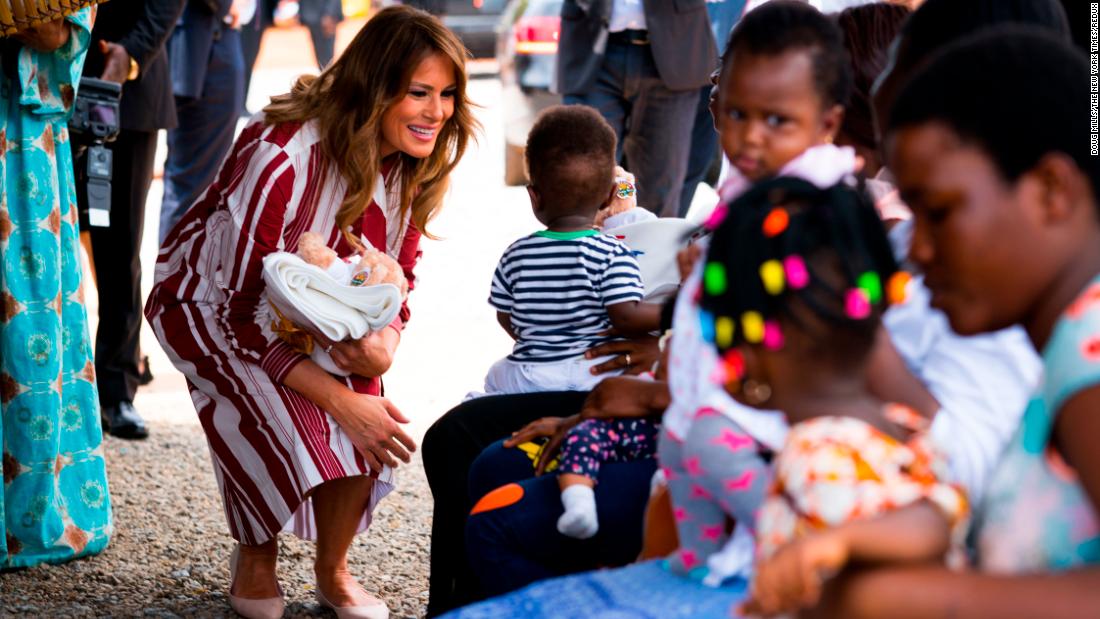 First lady Melania Trump hands out teddy bears and &quot;Be Best&quot;-themed blankets donated by the White House to young children and their mothers at the Greater Accra Regional Hospital in Accra, Ghana.