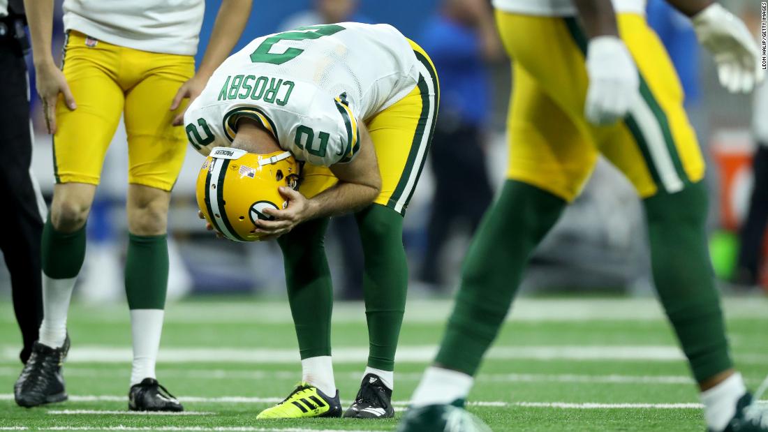 Kicker Mason Crosby of the Green Bay Packers reacts after missing one of three field goal attempts against the Detroit Lions during the first half at Ford Field on October 7, 2018 in Detroit, Michigan. Crosby missed a total of five kicks making him only the fifth kicker in NFL history to miss five kicks in a single game according to ESPN.com&#39;s Bill Barnwell.