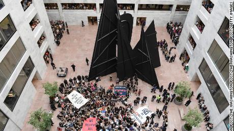 Demonstrators begin to be detained by police personnel inside the Hart Senate Office Building during a rally against Brett Kavanaugh being confirmed to the Supreme Court on Thursday October 04, 2018 in Washington, DC.