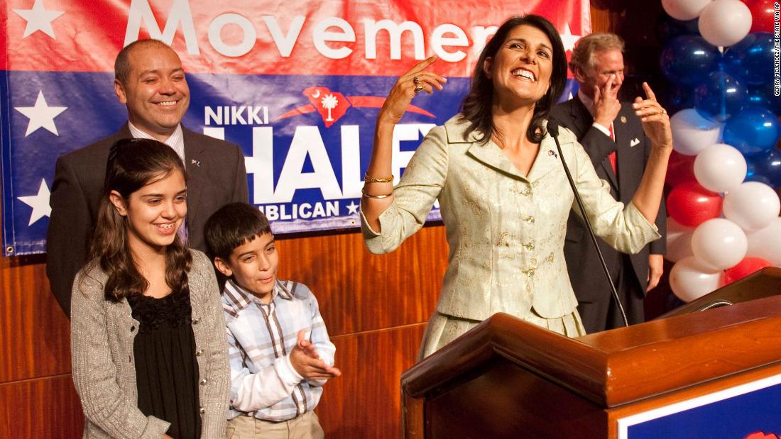 Haley celebrates with her family after being elected governor of South Carolina in November 2010. She is the first woman and the first person of an ethnic minority to become governor of the state.