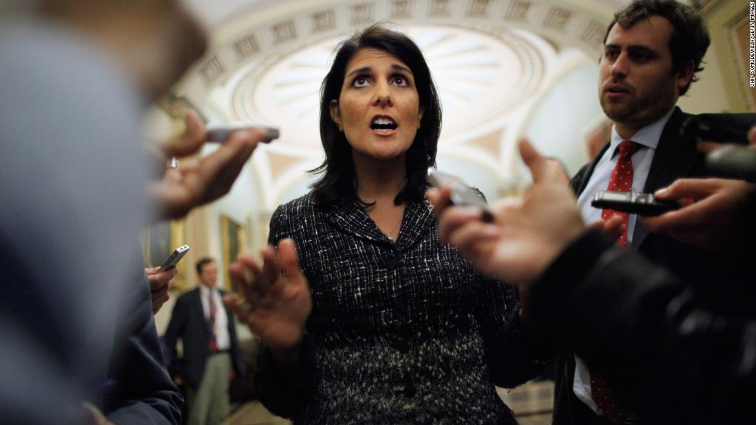 Haley talks to reporters in the US Capitol in December 2010.