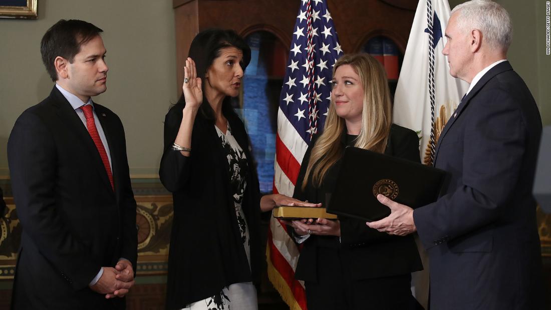 Vice President Mike Pence swears in Haley after her confirmation in January 2017.