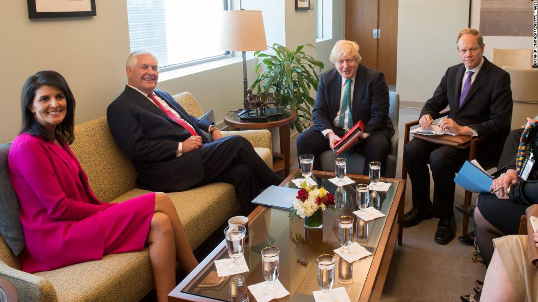 Haley and Secretary of State Rex Tillerson meet in New York with her British counterpart, Matthew Rycroft, and British Foreign Secretary Boris Johnson in April 2017.