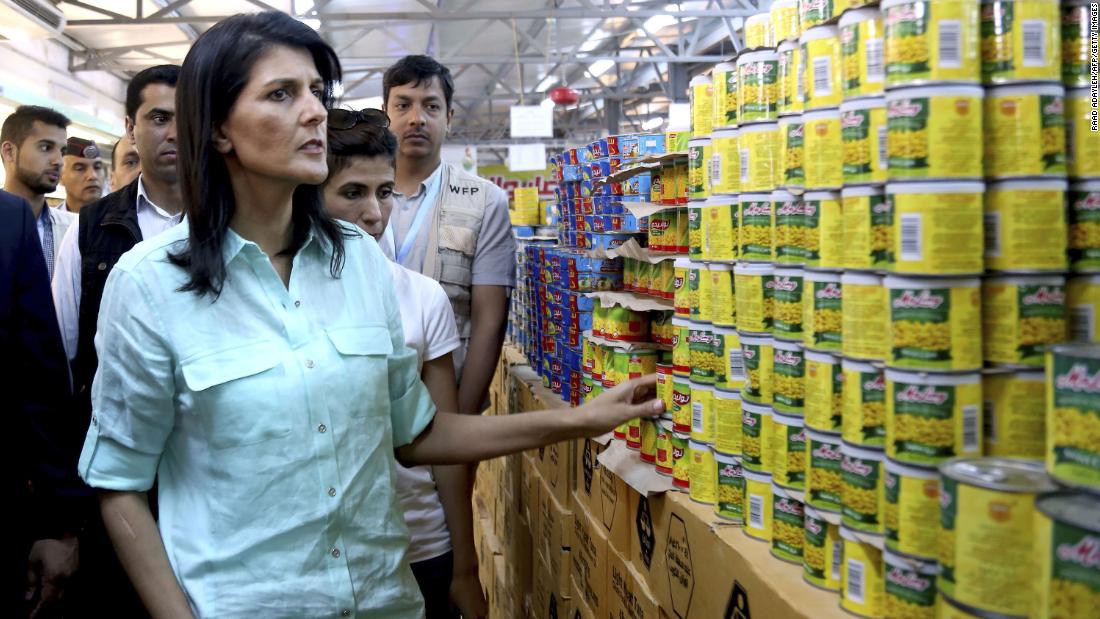 During a visit to a Syrian refugee camp in May 2017, Haley tours a supermarket run by the Norwegian Refugee Council and partly funded by the United States.