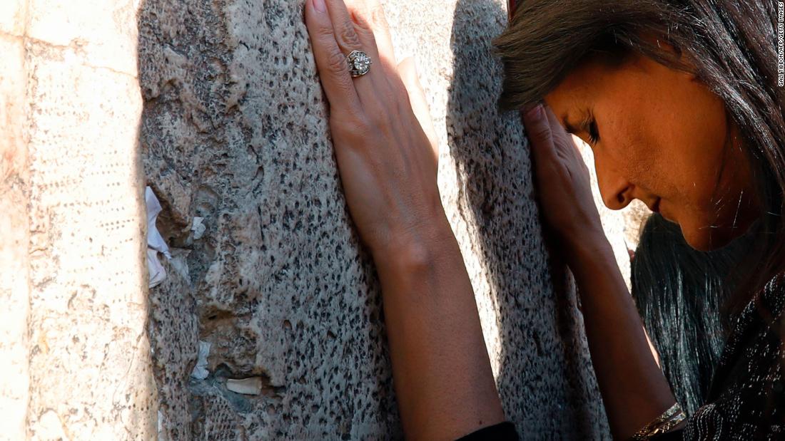 Haley prays at the Western Wall in Jerusalem in June 2017.