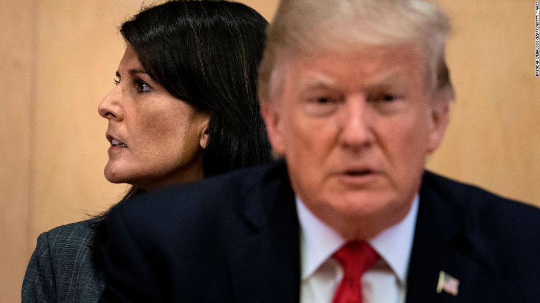 Haley and Trump wait for a meeting on United Nations reform in September 2017.