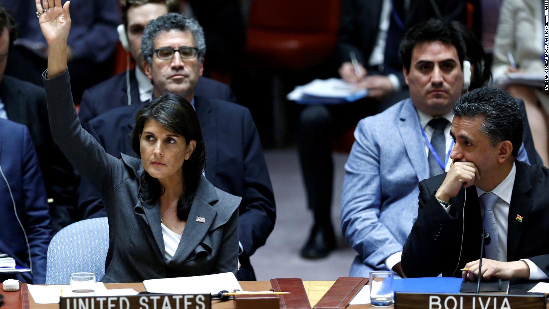 Haley votes during a UN Security Council meeting in June 2018. A draft resolution, submitted by Kuwait, condemned Israeli violence and called for the &quot;protection of the Palestinian people&quot; in Gaza and the West Bank. The United States vetoed the resolution.