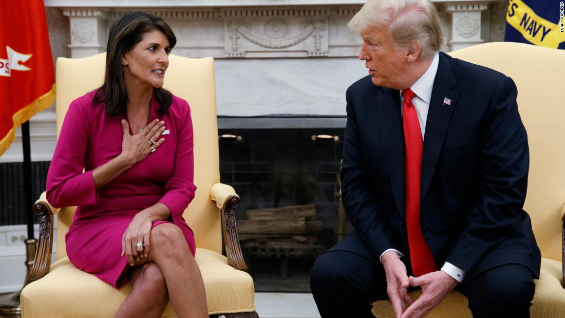 Trump thanks Haley for her work as UN ambassador as they announce her resignation in the Oval Office in October 2018.