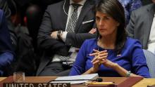 NEW YORK, NY - APRIL 14: United States Ambassador to the United Nations Nikki Haley listens during a United Nations Security Council emergency meeting concerning the situation in Syria, at United Nations headquarters, April 14, 2018 in New York City.  Yesterday the United States and European allies Britain and France launched airstrikes in Syria as punishment for Syrian President Bashar al-Assad's suspected role in last week's chemical weapons attacks that killed upwards of 40 people. (Photo by Drew Angerer/Getty Images)