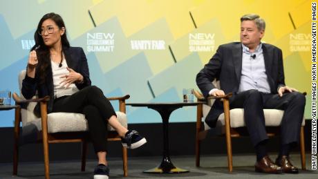 Lisa Nishimura, vice president of original documentary and comedy at Netflix, and Ted Sarandos, chief content officer at Netflix, speak onstage at the Vanity Fair New Establishment Summit 2018.