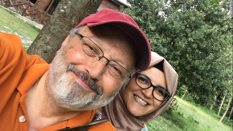 Saudi journalist Jamal Khashoggi with his Turkish fiancée, Hatice Cengiz.