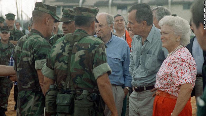 President George H. W. Bush, Barbara Bush and Secretary of Defense Richard Cheney visit with Marines taking part in the disaster relief efforts in the aftermath of Hurricane Andrew in Homestead, Florida on Sept. 1, 1992.