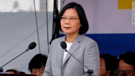 Taiwan President Tsai Ing-wen delivers a speech during National Day celebrations in front of the Presidential Building in Taipei on October 10.
