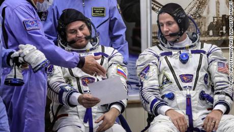 Roscosmos cosmonaut Alexei Ovchinin, left, and NASA astronaut Nick Hague ahead of their Soyuz MS-10 space flight.