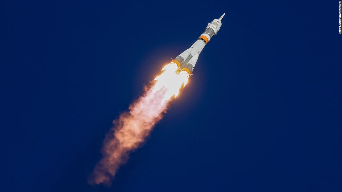 The Soyuz MS-10 spacecraft carrying US astronaut Nick Hague and cosmonaut Alexey Ovchinin of Russia blasts off from the launchpad at the Baikonur Cosmodrome, Kazakhstan, on Thursday, October 11.