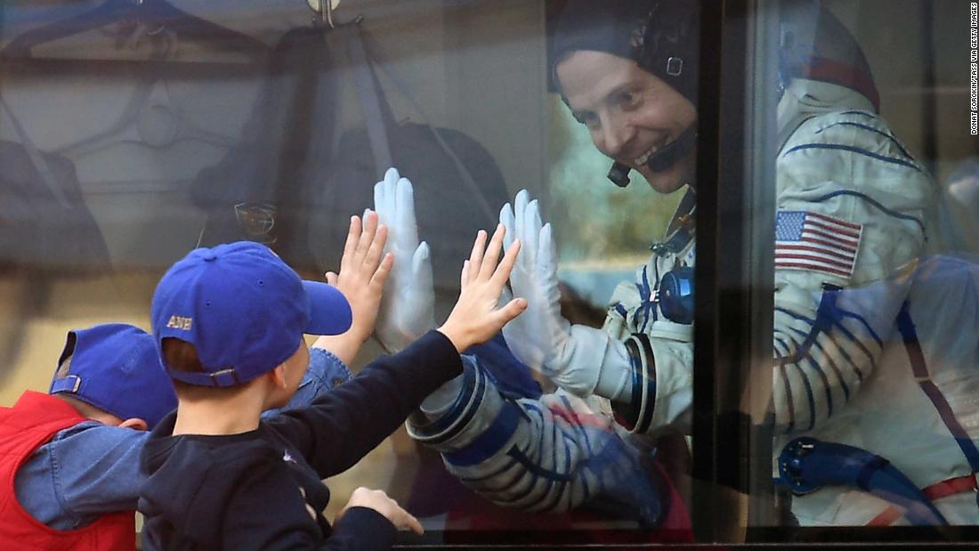 Nick Hague bids farewell during a ceremony ahead of the rocket&#39;s departure.