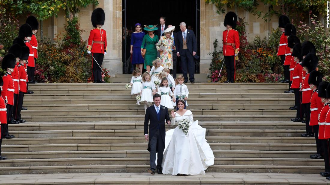 Princess Eugenie and Jack Brooksbank leave St. George&#39;s Chapel after their wedding.