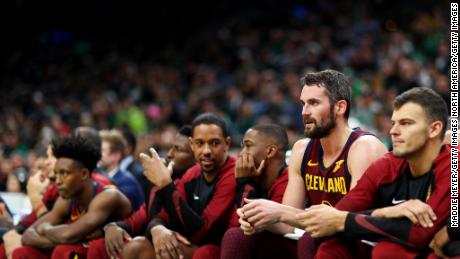 Kevin Love (second from right) went from team leader on the Minnesota Timberwolves to third option in Cleveland behind LeBron James and Kyrie Irving. He returns as the Cavalier's veteran voice and top scorer.