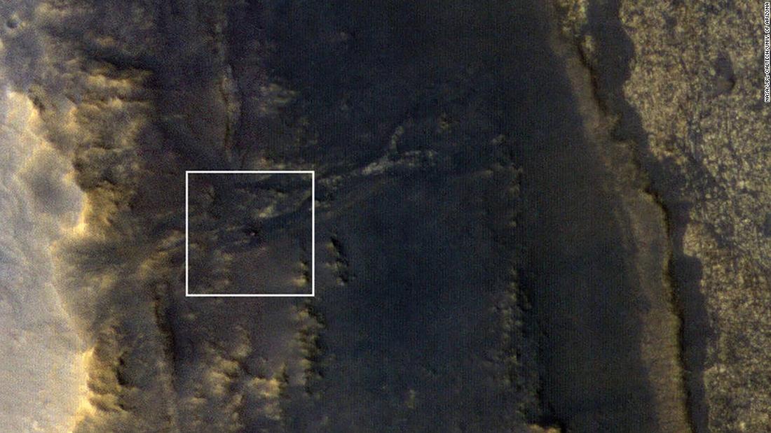 NASA&#39;s Opportunity rover appears as a blip in the center of this square. This image taken by HiRISE, a high-resolution camera on board NASA&#39;s Mars Reconnaissance Orbiter, showed the dust storm over Perseverance Valley had substantially cleared.