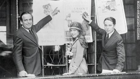 Douglas Fairbanks, Mary Pickford and Charlie Chaplin campaign for Liberty Loans during WWI. 