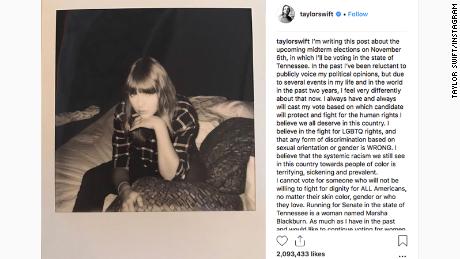 Taylor Swift calls for her fans to vote in an Instagram post. 