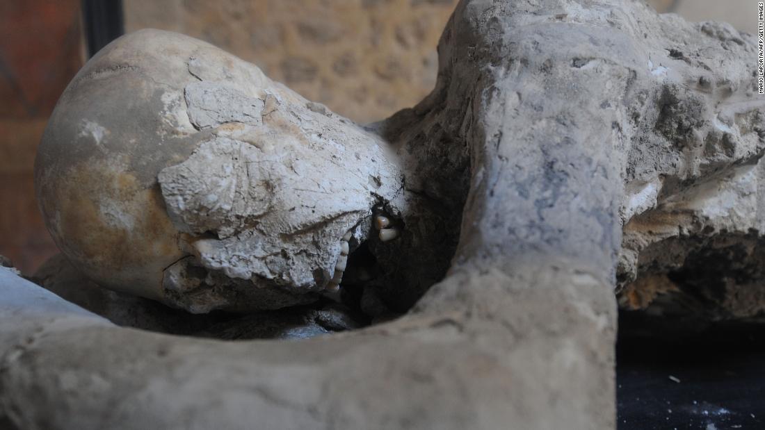 Rising sea levels and increasing erosion, the study said, may endanger historical icons such as this petrified victim of the volcanic eruption of Mont Vesuvius in 79 AD at the archaeological site of Pompeii, in Italy.