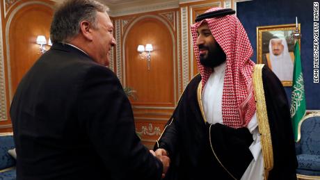 US Secretary of State Mike Pompeo (L) shakes hands with Saudi Crown Prince Mohammed bin Salman in Riyadh, on October 16, 2018. - Pompeo held talks with Saudi King Salman seeking answers about the disappearance of journalist Jamal Khashoggi, amid US media reports the kingdom may be mulling an admission he died during a botched interrogation. (Photo by LEAH MILLIS / POOL / AFP)        (Photo credit should read LEAH MILLIS/AFP/Getty Images)