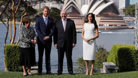 Lady Lynne Cosgrove, Prince Harry, Australia Governor-General Peter Cosgrove and Meghan Markle pose during a Welcome Event at Admiralty House on Tuesday in Sydney.
