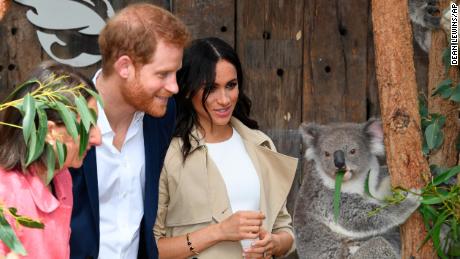 Prince Harry and Meghan, Duchess of Sussex meet Ruby, a mother Koala who gave birth to koala joey Meghan.