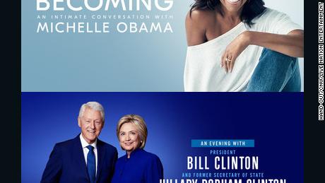 Promotional graphics from Live Nation for upcoming tour for Michelle Obama and BIll and Hillary Clinton.