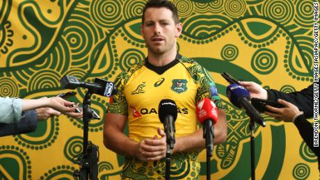 Australia's Bernard Foley dons the new design at a media day for Rugby Australia. 