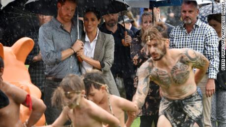 The royal couple watch aboriginal dances at Victoria Park in Dubbo.