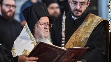 Ecumenical Patriarch Bartholomew I prays at the Hagia Triada Greek Orthodox church in Istanbul in September 2018.