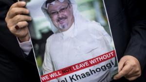 ISTANBUL, TURKEY - OCTOBER 08:  A man holds a poster of Saudi journalist Jamal Khashoggi during a protest organized by members of the Turkish-Arabic Media Association at the entrance to Saudi Arabia's consulate on October 8, 2018 in Istanbul, Turkey. Fears are growing over the fate of missing journalist Jamal Khashoggi after Turkish officials said they believe he was murdered inside the Saudi consulate. Saudi consulate officials have said that missing writer and Saudi critic Jamal Khashoggi went missing after leaving the consulate, however the statement directly contradicts other sources including Turkish officials. Jamal Khashoggi a Saudi writer critical of the Kingdom and a contributor to the Washington Post was living in self-imposed exile in the U.S.  (Photo by Chris McGrath/Getty Images)