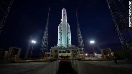 The BepiColombo spacecraft sits on the launch pad at Europe's Spaceport in French Guiana, ahead of its scheduled liftoff.