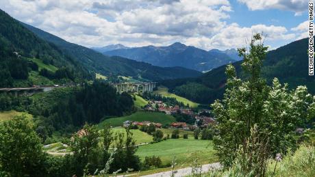 View of the mountains of South Tyrol next to the motorway bridge of the Brenner Highway.