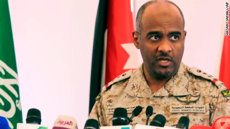 Ahmed Asiri briefs journalists on the Saudi-led coalition's strikes on Houthi rebels in Yemen, during a press conference, in Riyadh, Saudi Arabia, Saturday, April 18, 2015.