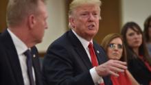 US President Donald Trump speaks during a defense roundtable at Luke Air Force Base in Phoenix , Arizona where he is for a "Make America Great" rally on October 19, 2018. (Photo by Nicholas Kamm / AFP)        (Photo credit should read NICHOLAS KAMM/AFP/Getty Images)