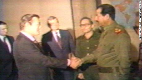 Saddam Hussein meets Donald Rumsfeld in Baghdad in 1983.