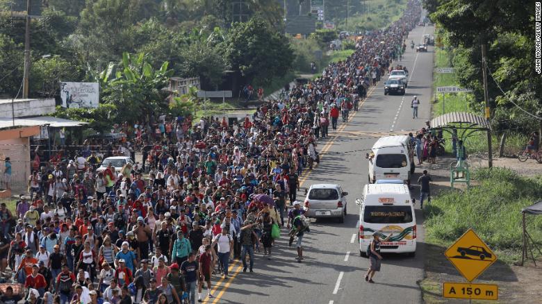 The migrant caravan walks into the interior of Mexico after crossing the Guatemalan border on October 21, 2018 near Ciudad Hidalgo, Mexico.